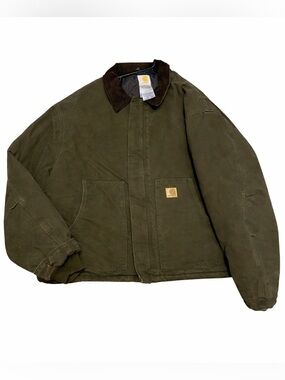 Vintage Carhartt J22 Olive Green Duck Canvas Jacket with Brown Corduroy Collar